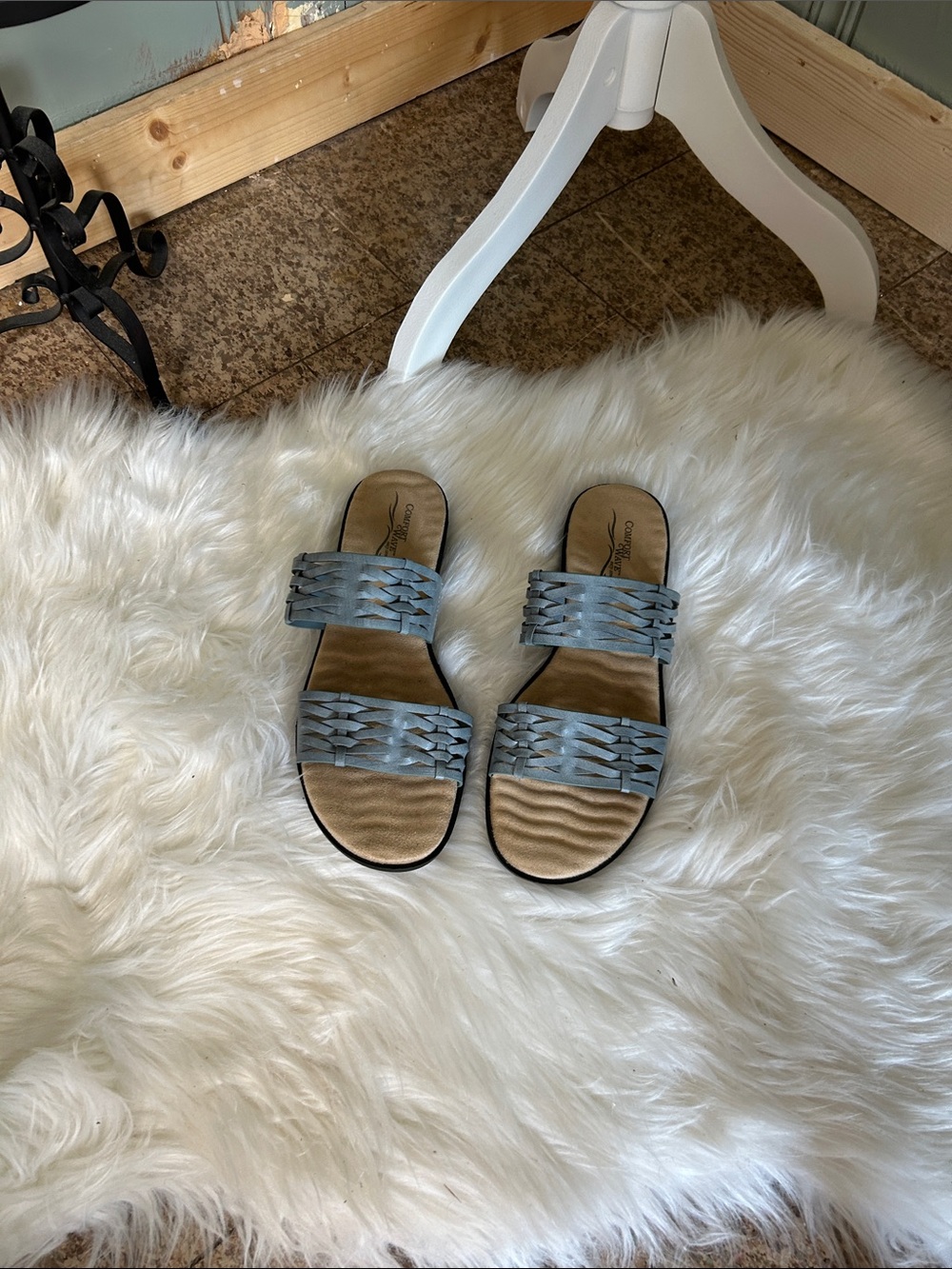 Woven Double-Strap Slide Sandals - Light Blue